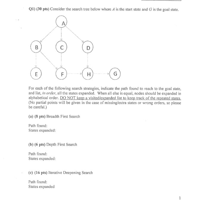 Q 1 ) ( 3 0 pts ) Consider the search tree below