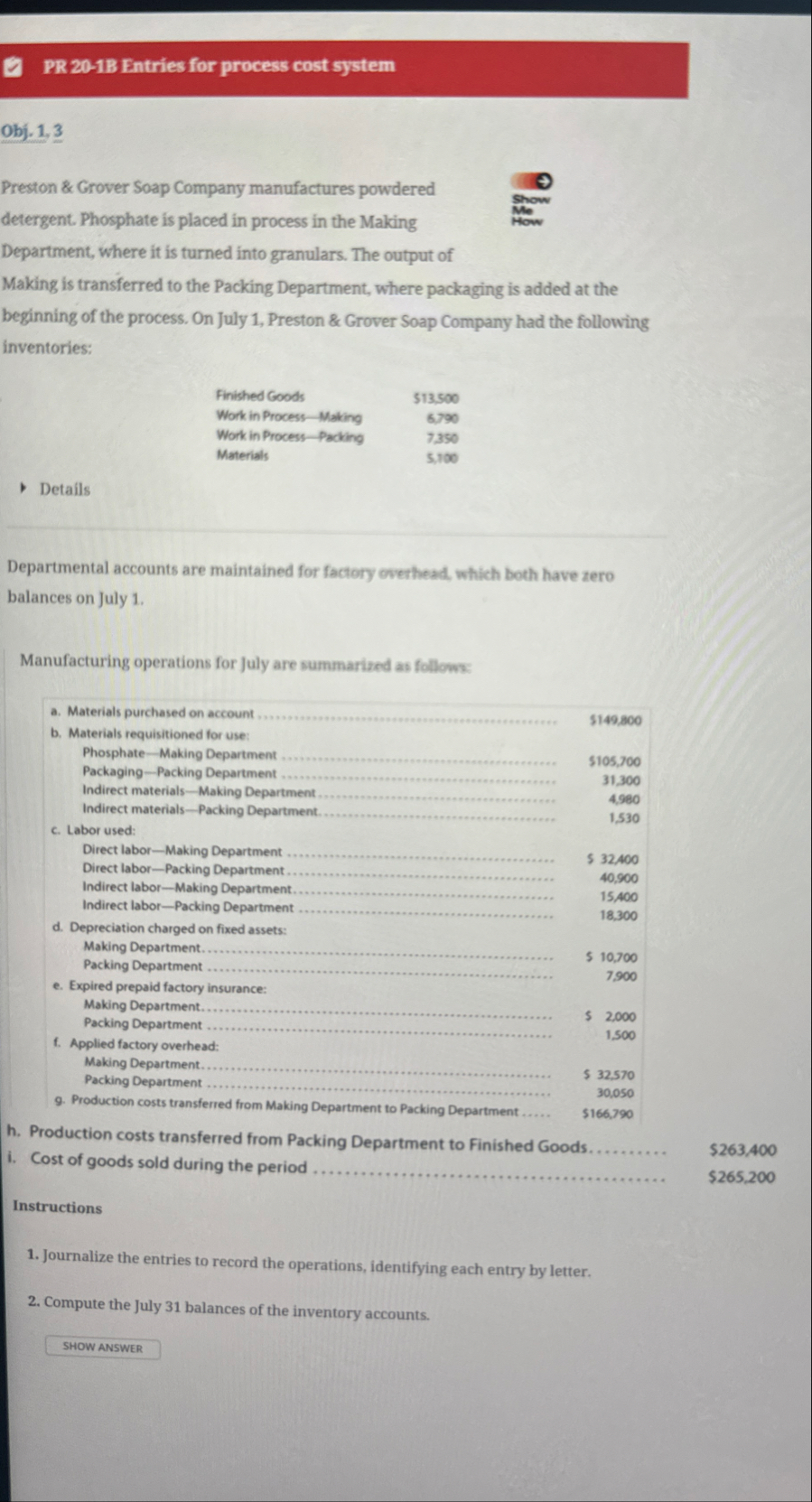 PR 2 0 - 1 B Entries for process cost system Obj.