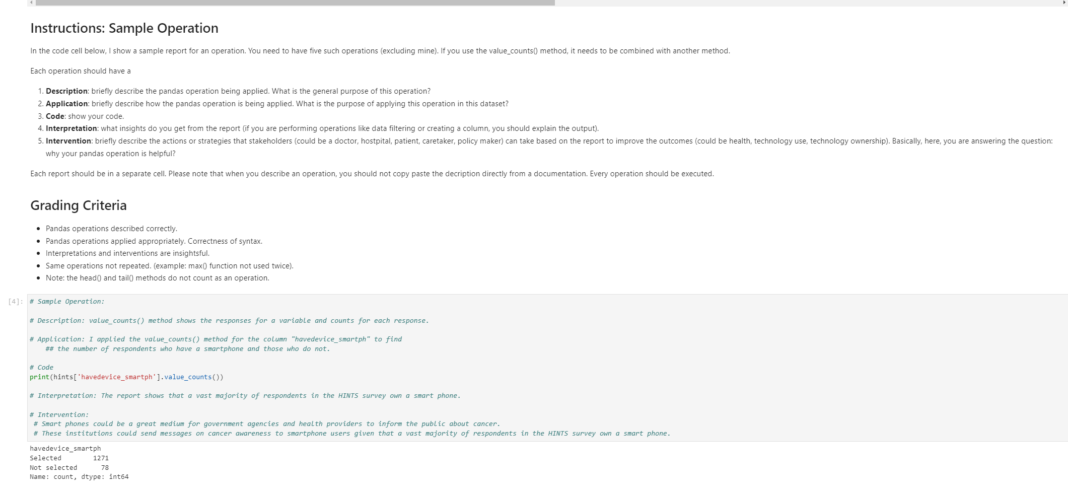 Instructions: Sample Operation In the code cell
