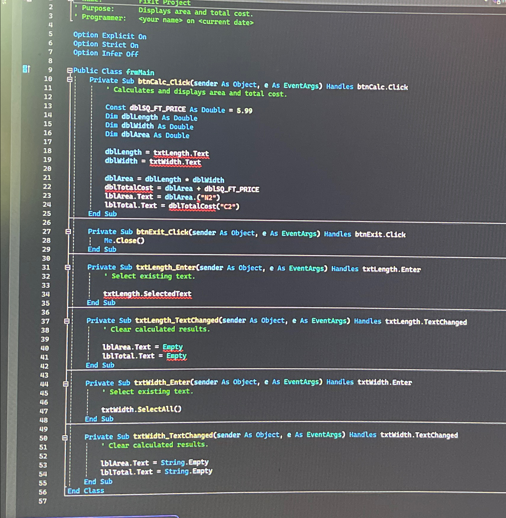 Purpose: Progranner: Displays area and total