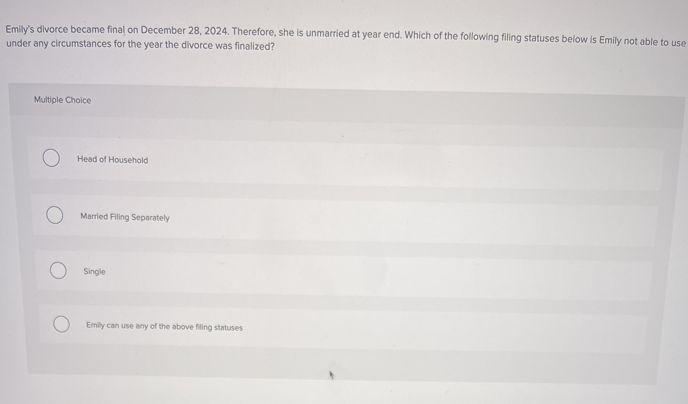 Emily's divorce became final on December 2 8 , 2