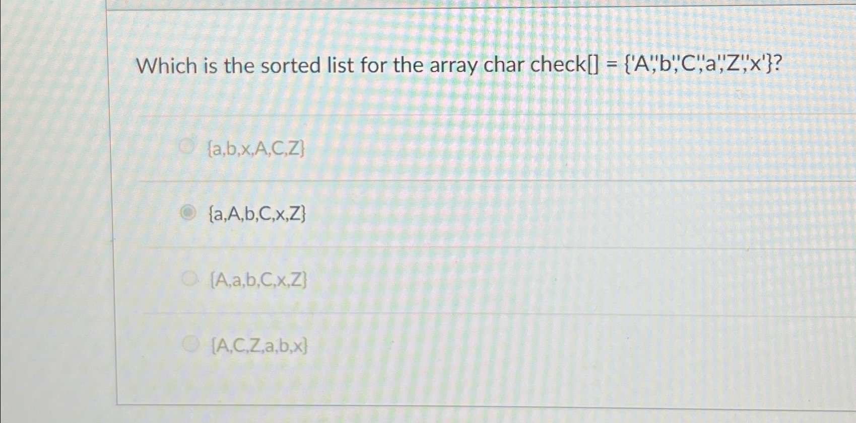 Which is the sorted list for the array char check