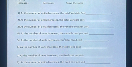 Increases Decreases Stays the same As the number
