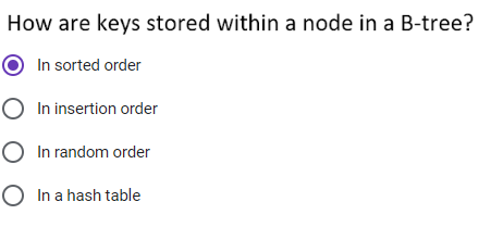 How are keys stored within a node in a B - tree?