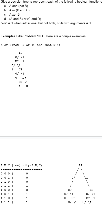 Give a decision tree to represent each of the