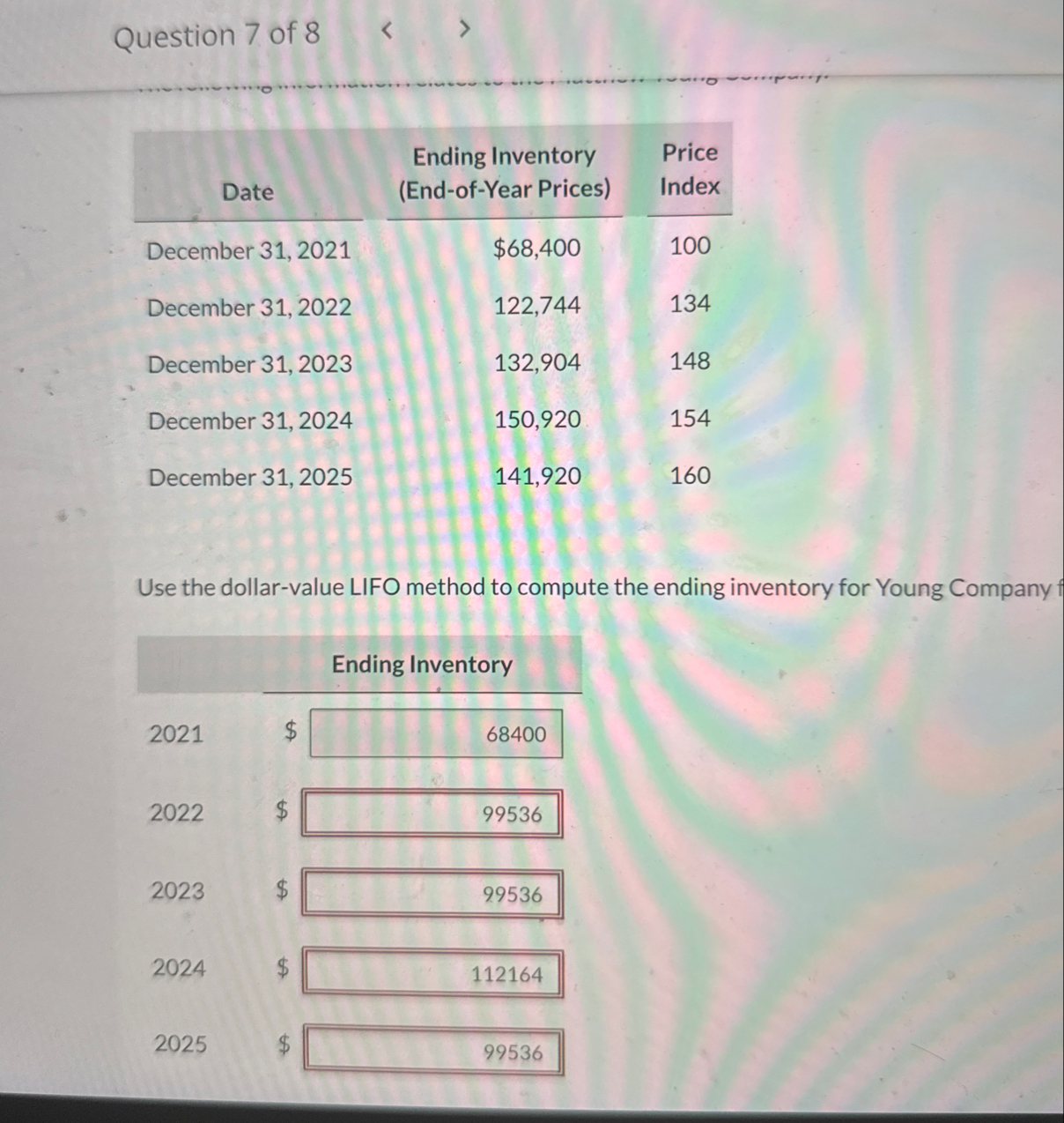 Question 7 of 8 \ table [ [ Date , \ table [ [