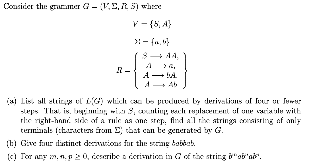 Consider the grammer G = ( V , , R , S ) where V