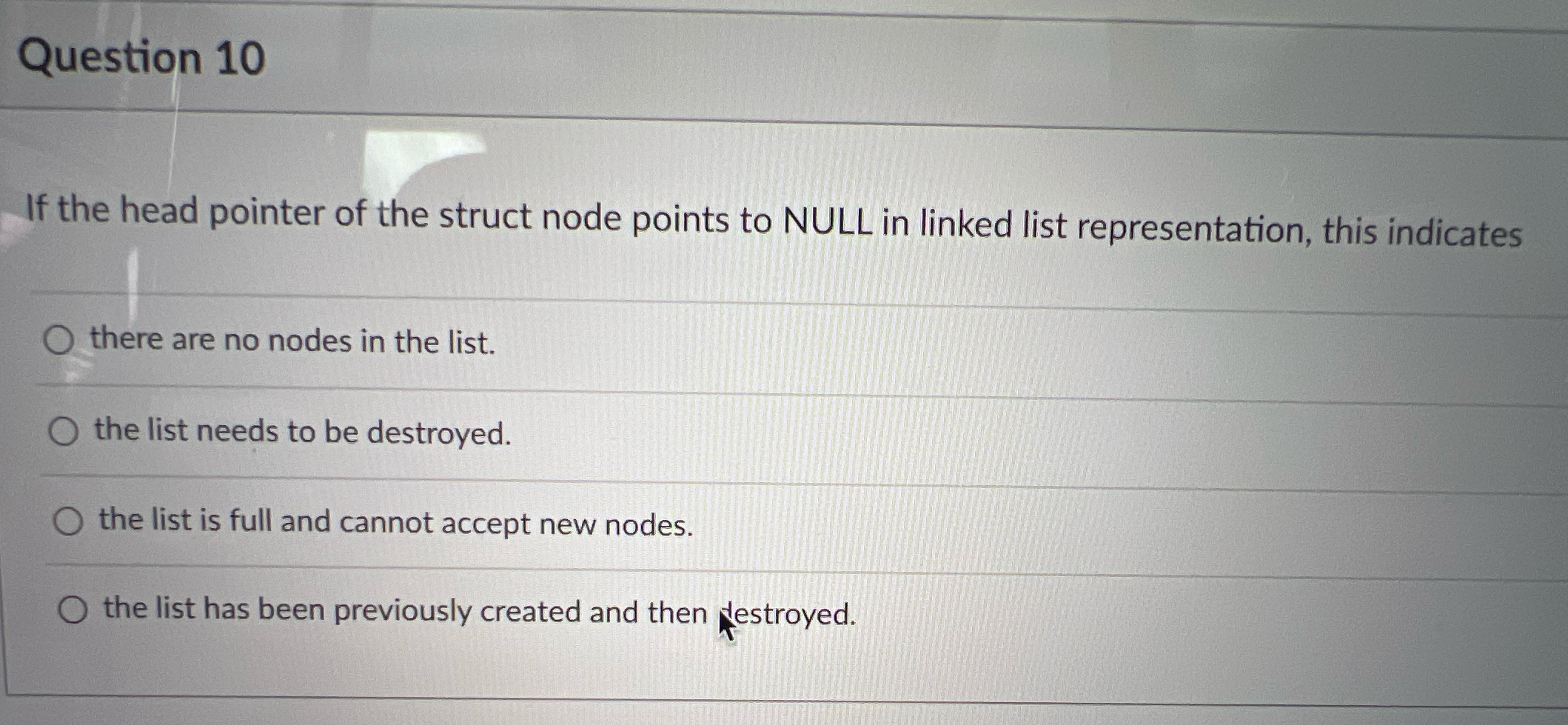 Question 1 0 If the head pointer of the struct