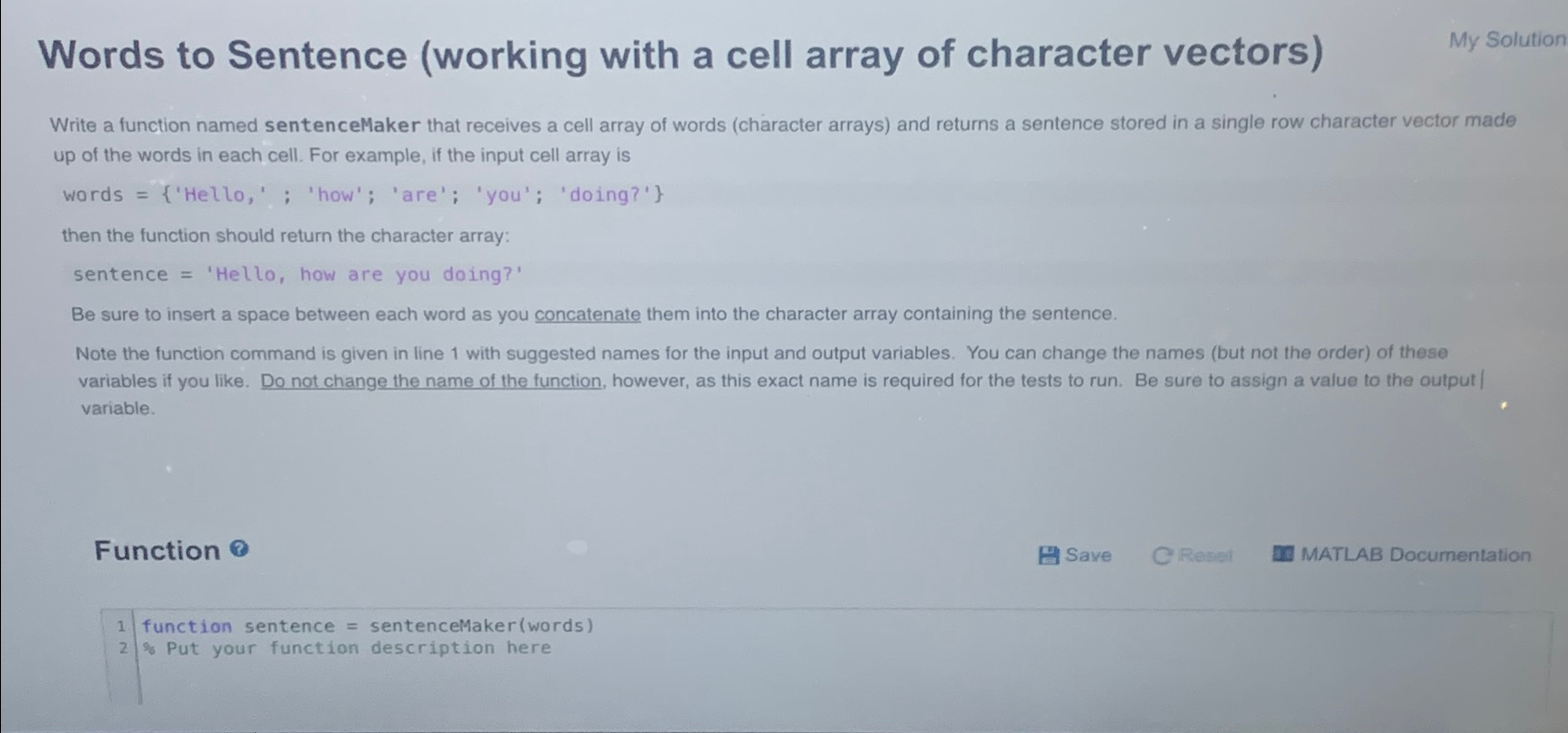 Words to Sentence ( working with a cell array of