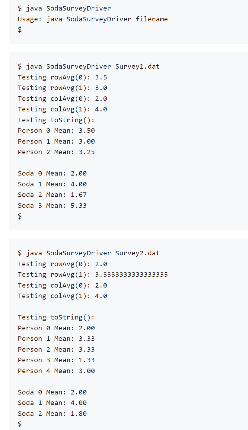 Create a class SodaSurvey that implements