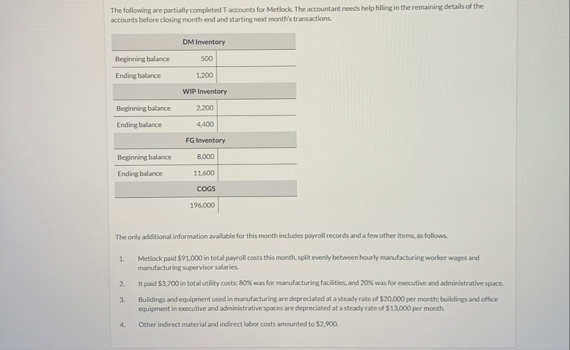 The following are partially completed T -