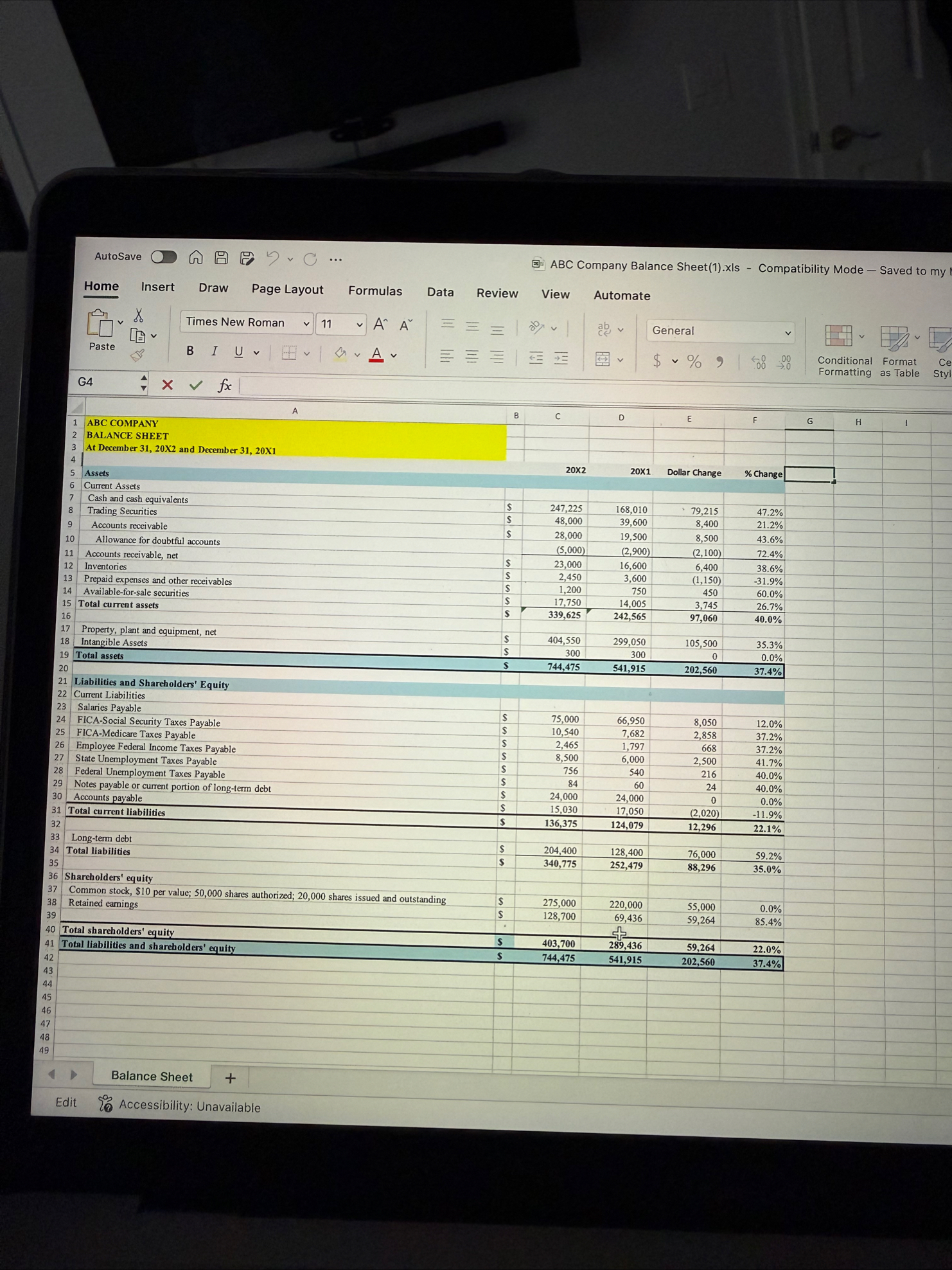 AutoSave ABC Company Balance Sheet ( 1 ) . x | s