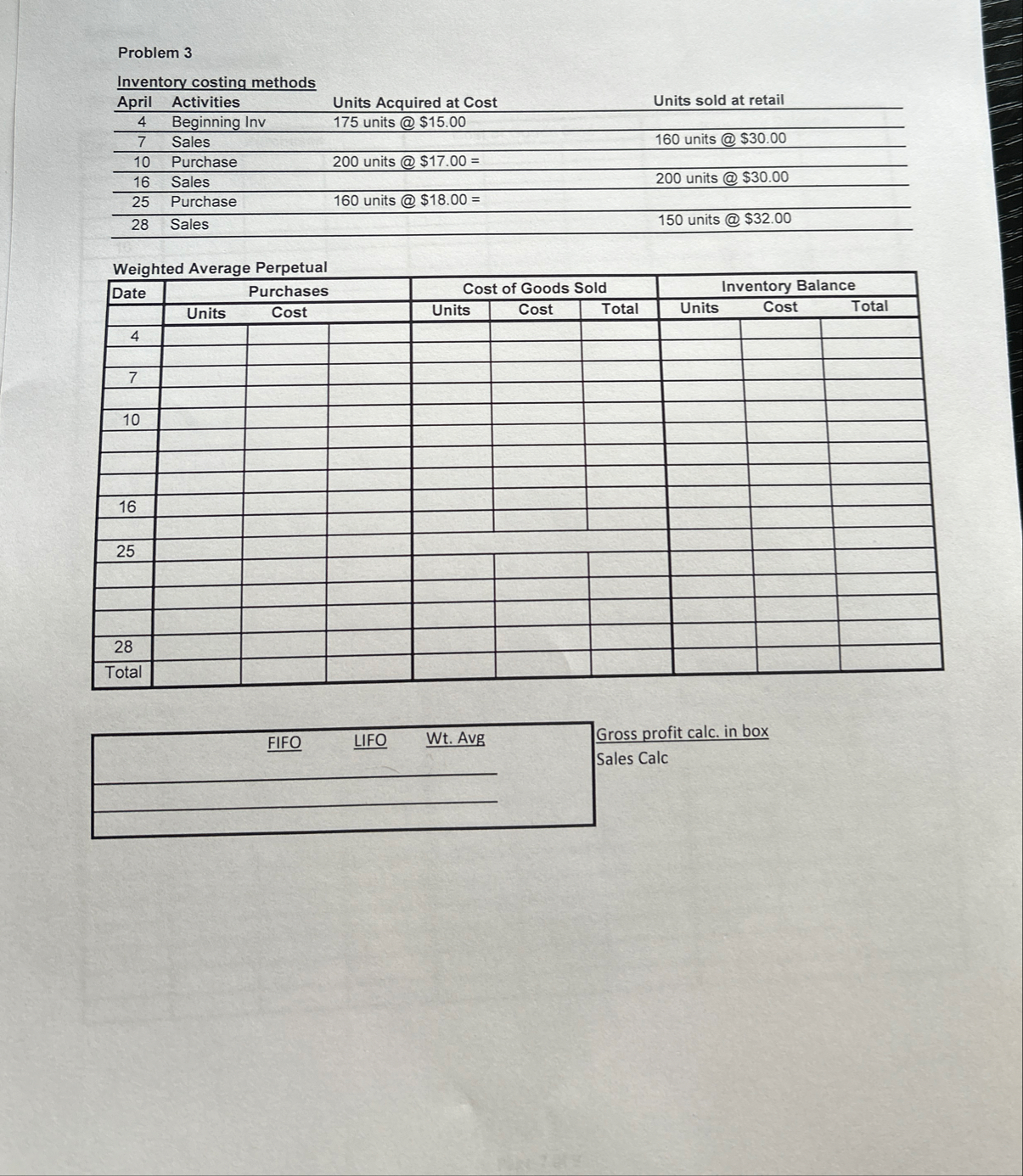 Problem 3 Inventory costing methods \ table [ [