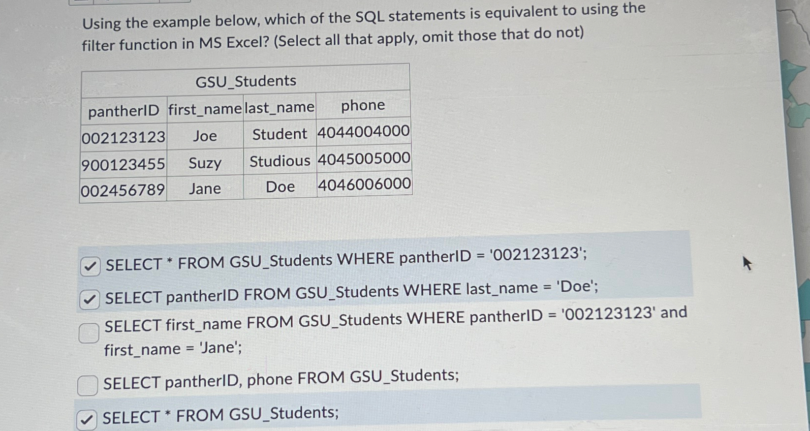 Using the example below, which of the SQL