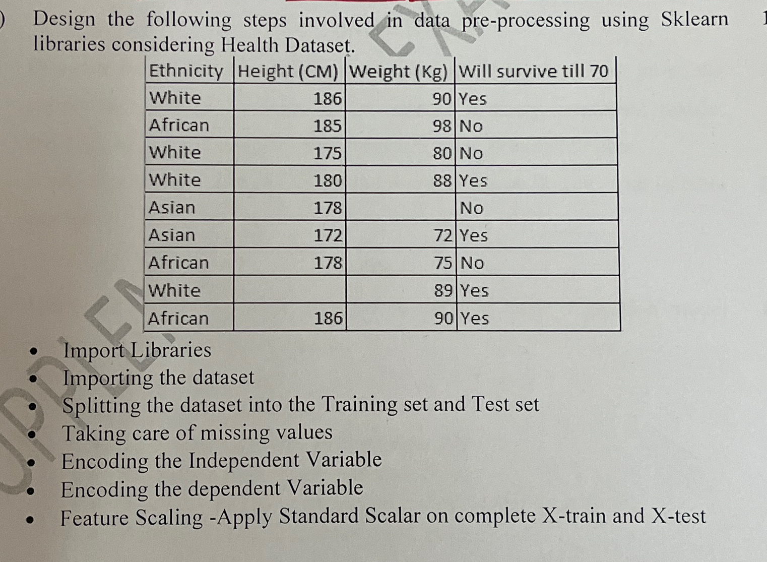 Design the following steps involved in data pre -