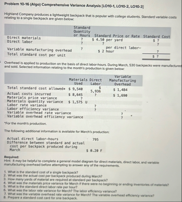 Problem 1 0 - 1 6 ( Algo ) Comprehensive Variance