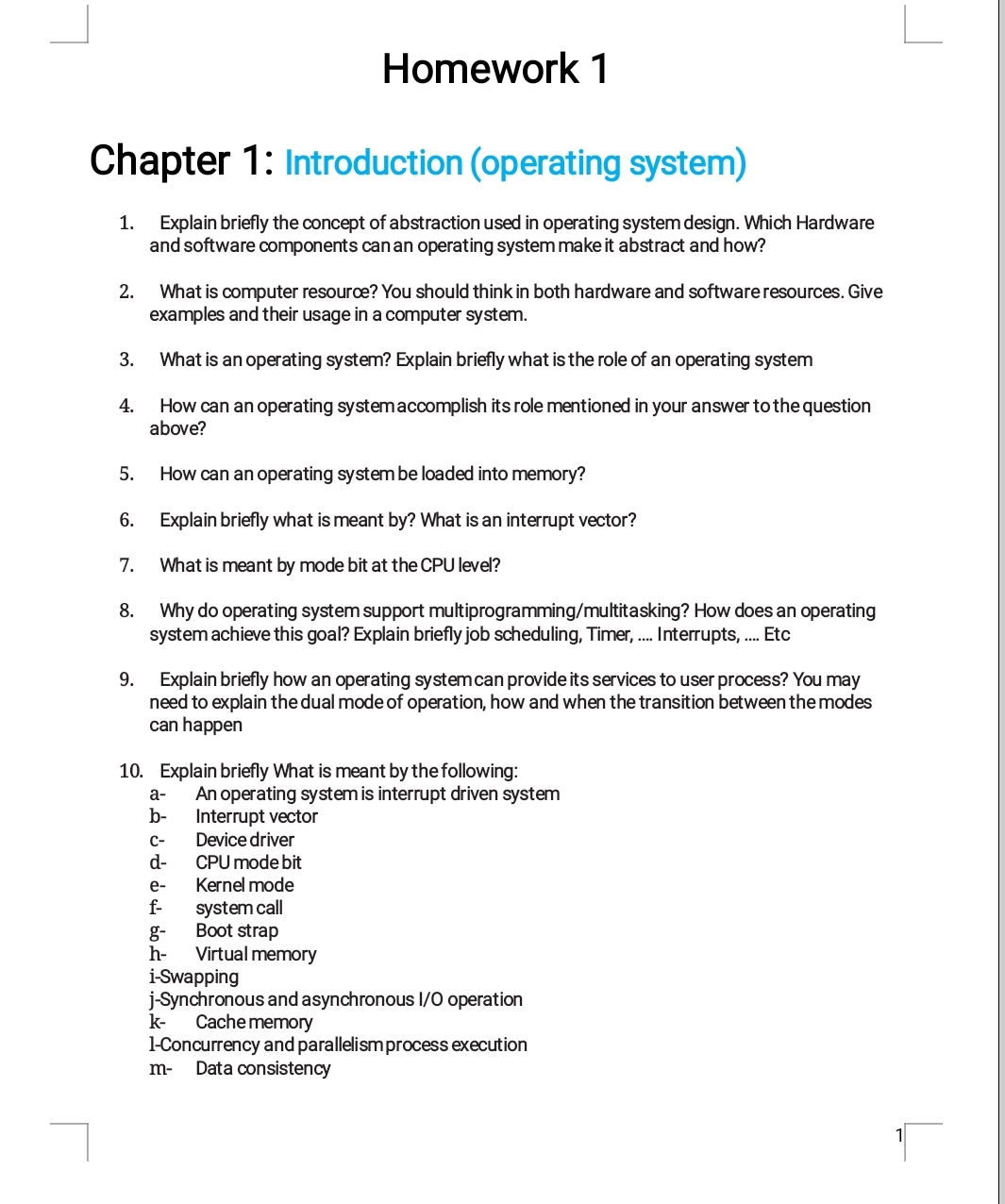 Homework 1 Chapter 1 : Introduction ( operating