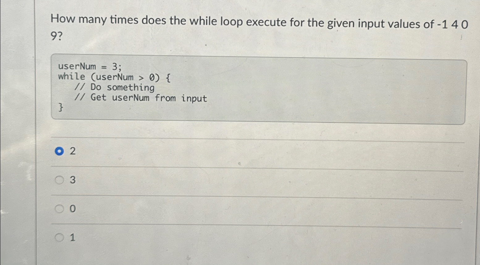 How many times does the while loop execute for