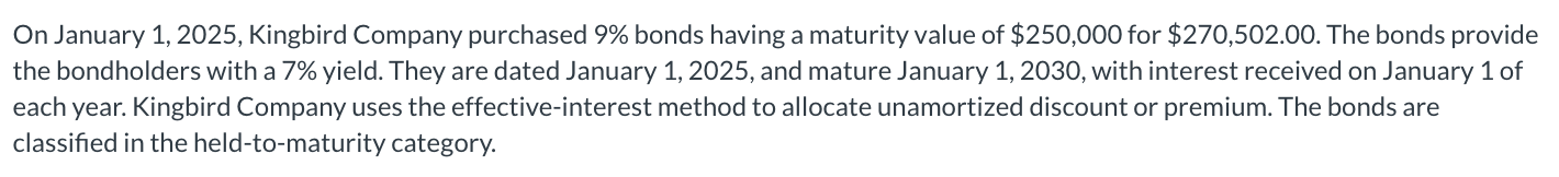 On January 1 , 2 0 2 5 , Kingbird Company