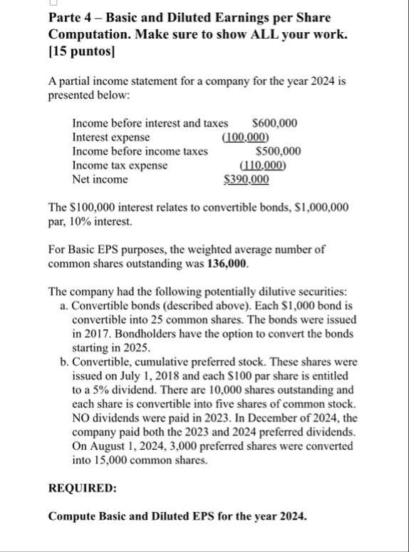 compute basic and diluted EPS for the year 2 0 2 4