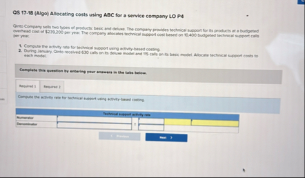 OS 1 7 - 1 8 ( Algo ) Allocating costs using ABC