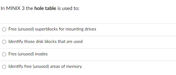 In MINIX 3 the hole table is used to: Free (