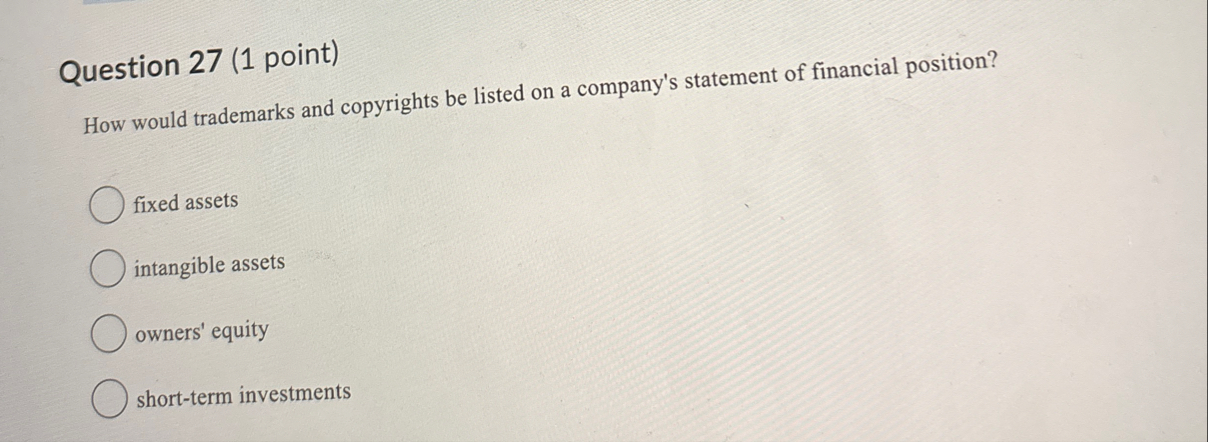 Question 2 7 ( 1 point ) How would trademarks and