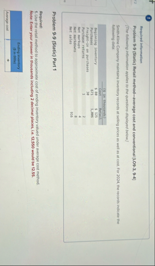 1 Required information Problem 9 - 9 ( 5 tatic )