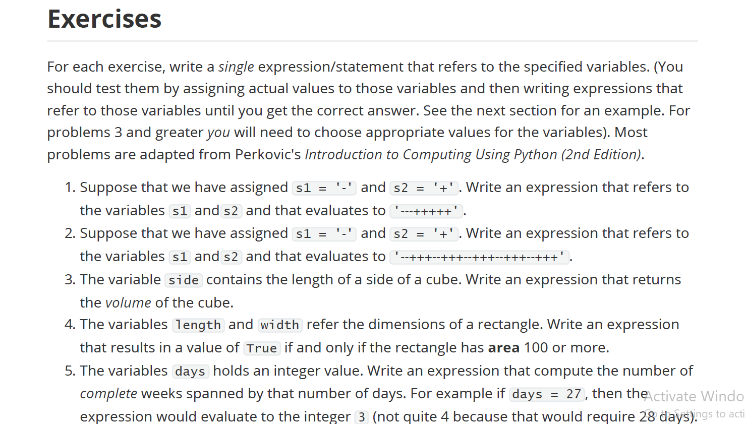 For each exercise, write a single expression /