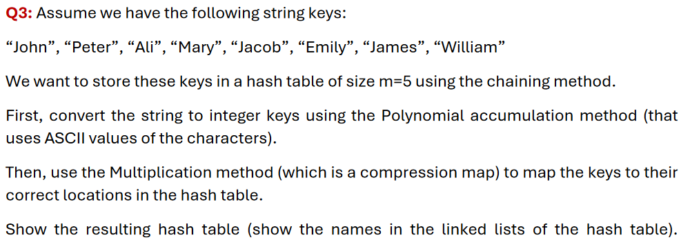 Q 3 : Assume we have the following string keys:
