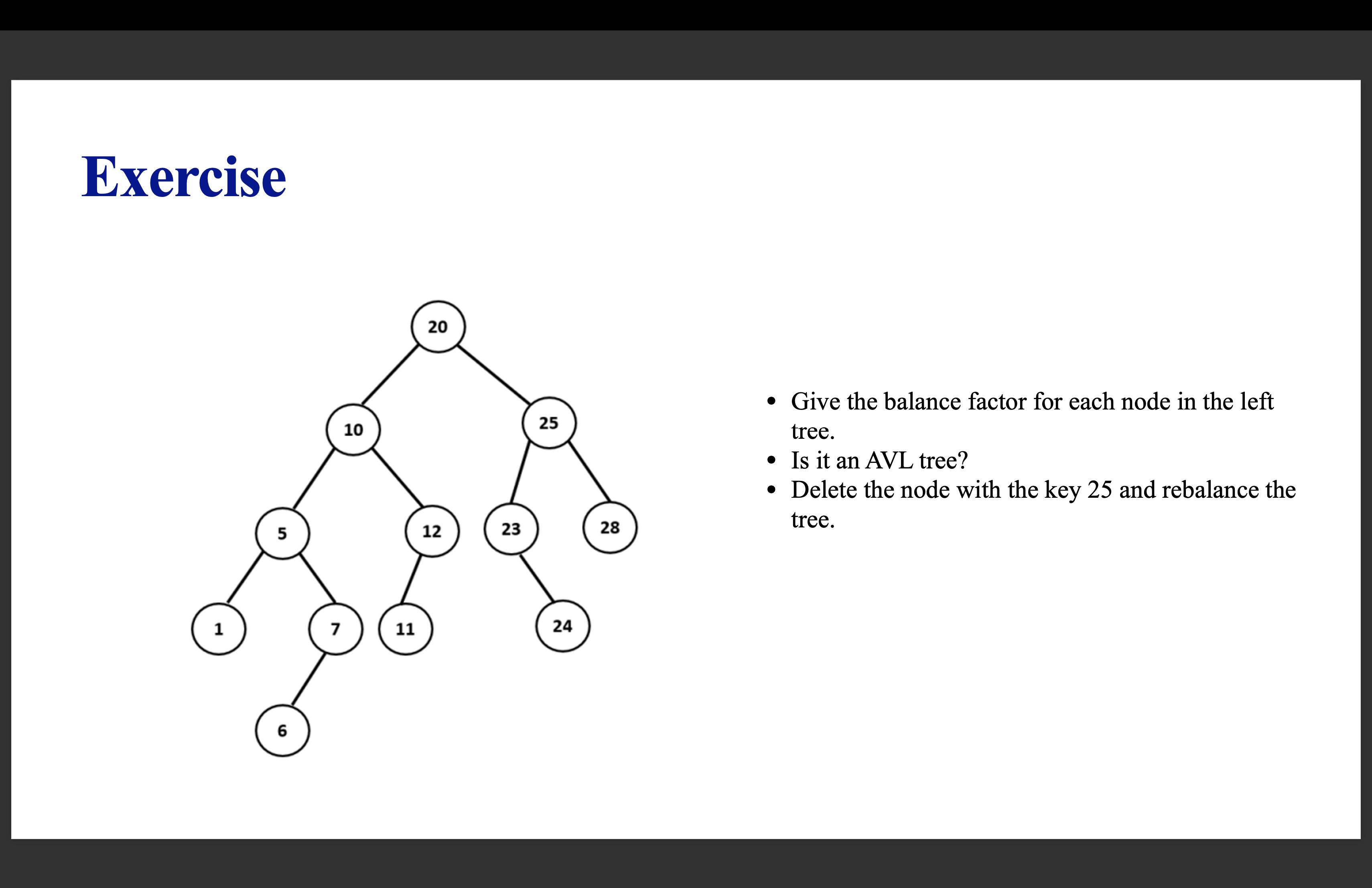 Exercise 1 ) Give the balance factor for each