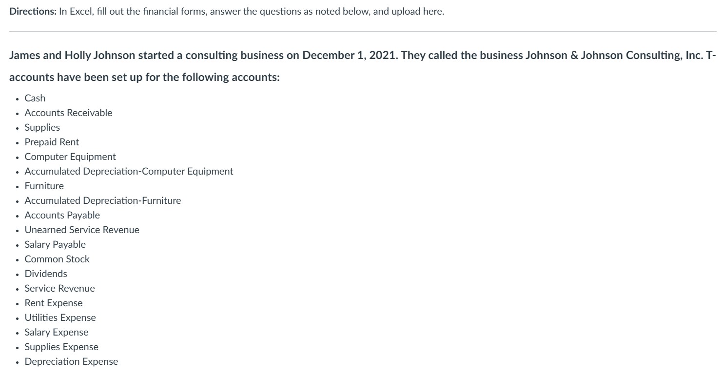 Directions: In Excel, fill out the financial