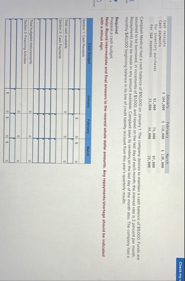 \ table [ [ , January,February,March ] , [ Cash