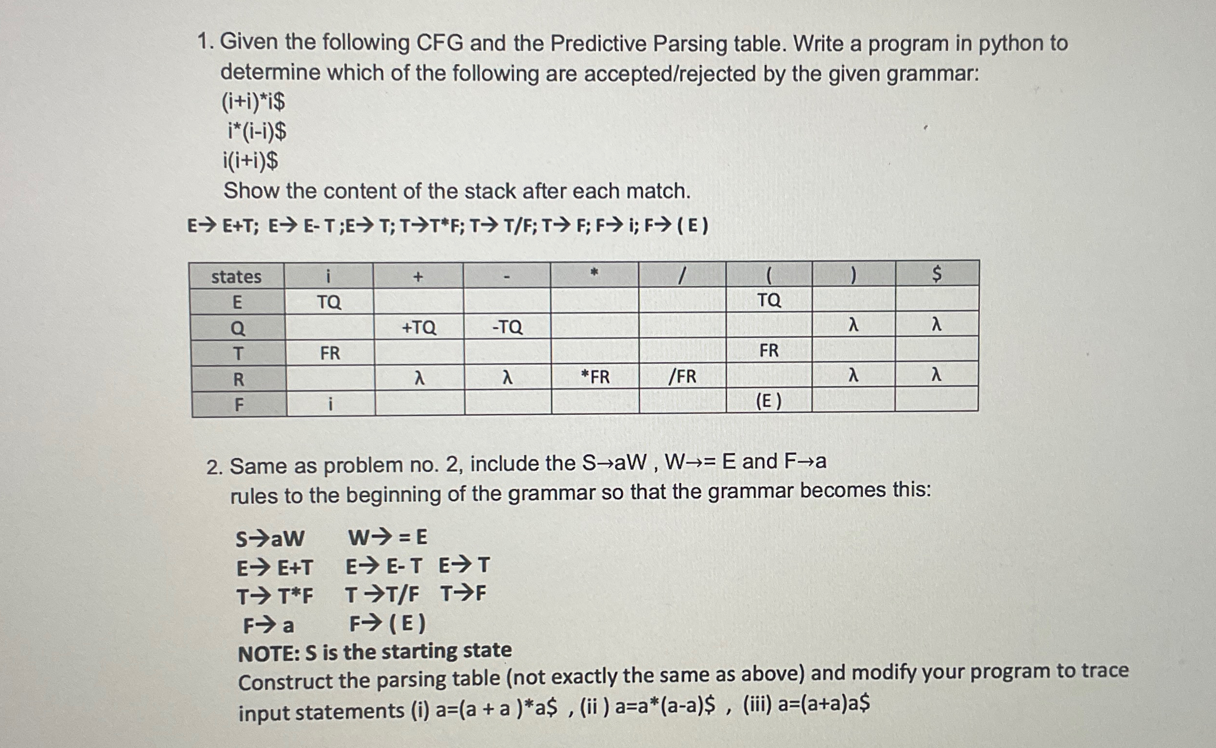 Given the following CFG and the Predictive