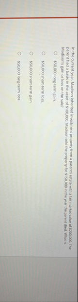 In the current year, Madison inherited investment