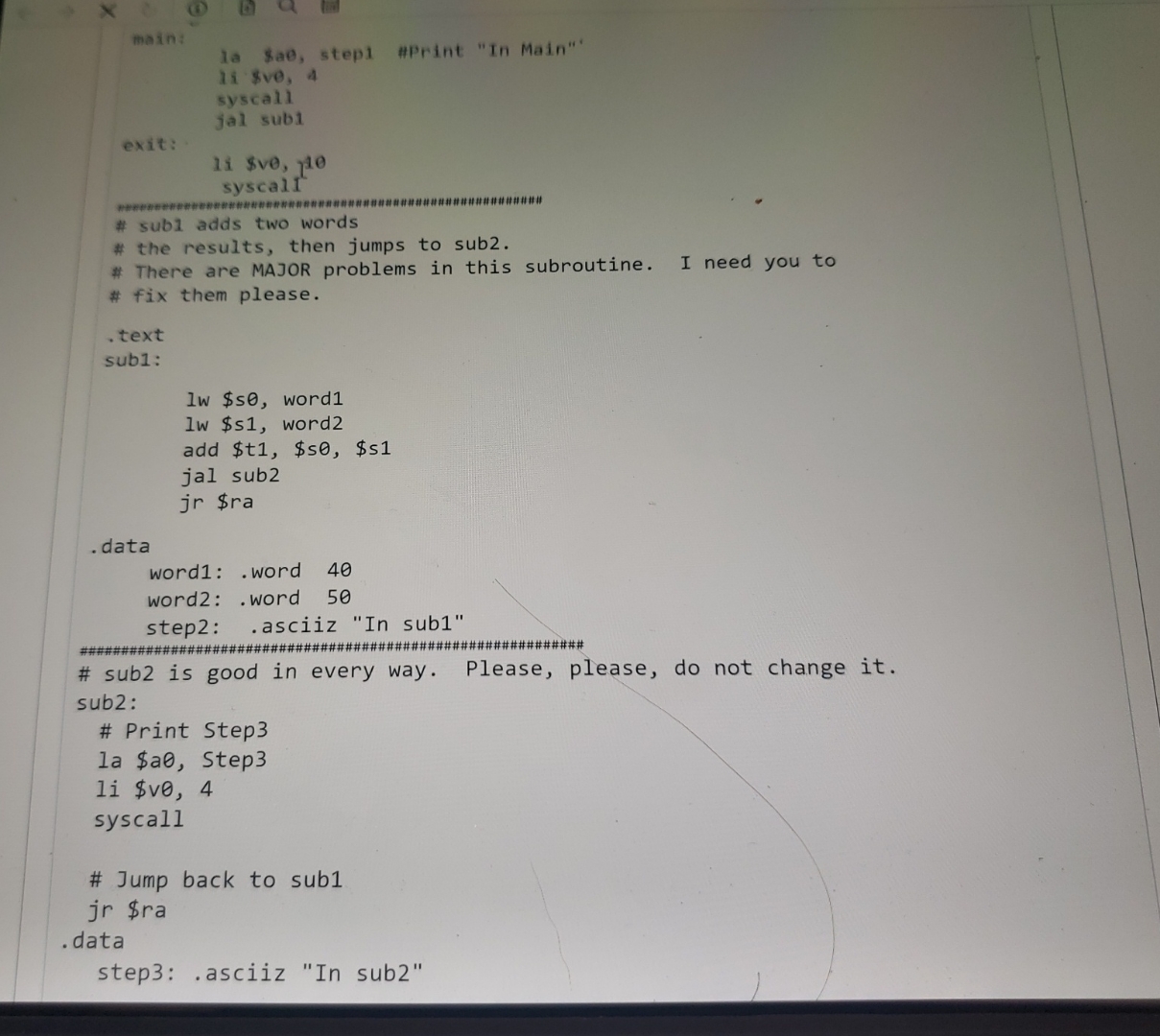 the following subprogram sub 1 program is