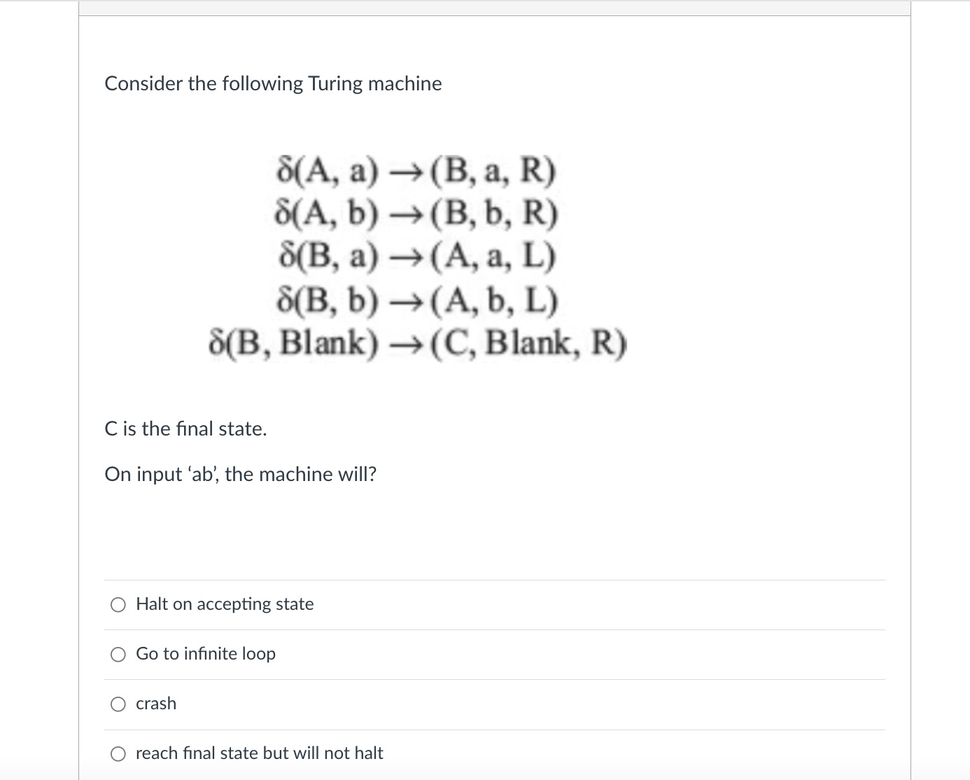 Consider the following Turing machine ( A , a ) (