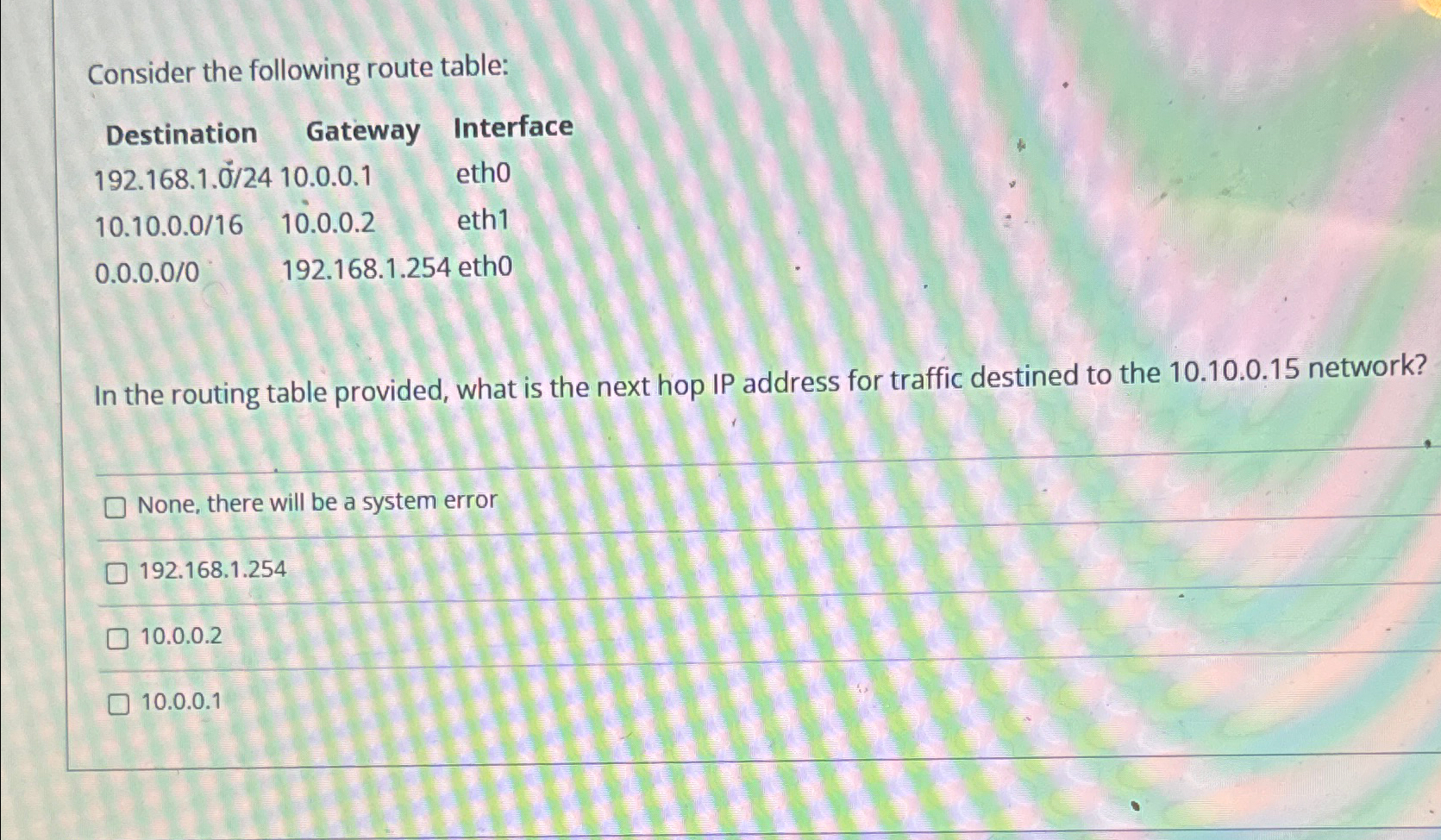 Consider the following route table: \ table [ [