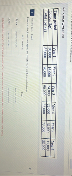 PART A - HIGH - LOW METHOD \ table [ [ Time
