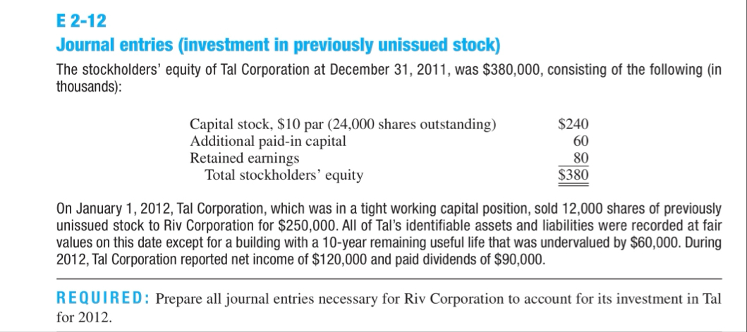 E 2 - 1 2 Journal entries ( investment in
