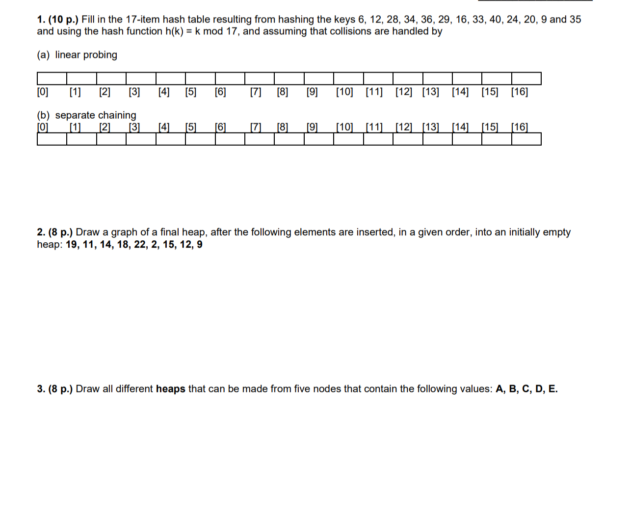 ( 1 0 p . ) Fill in the 1 7 - item hash table