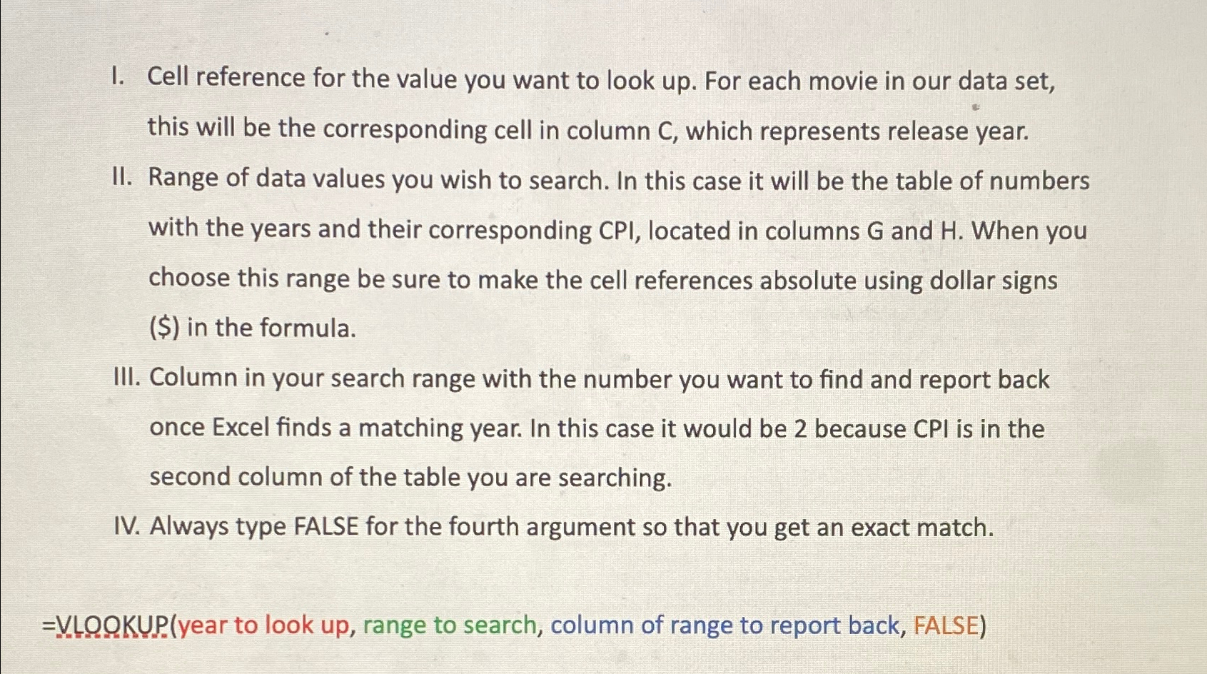 I. Cell reference for the value you want to look