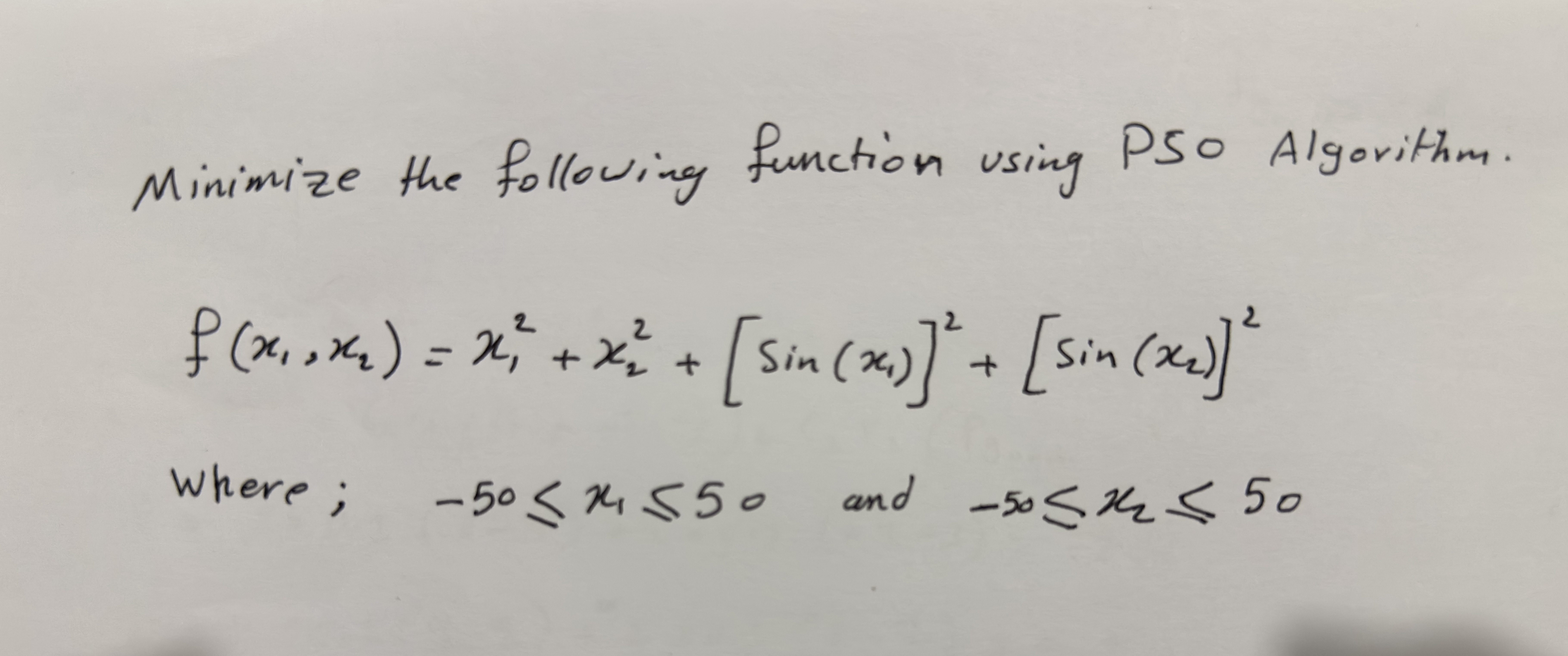 Minimize the following function using PSO