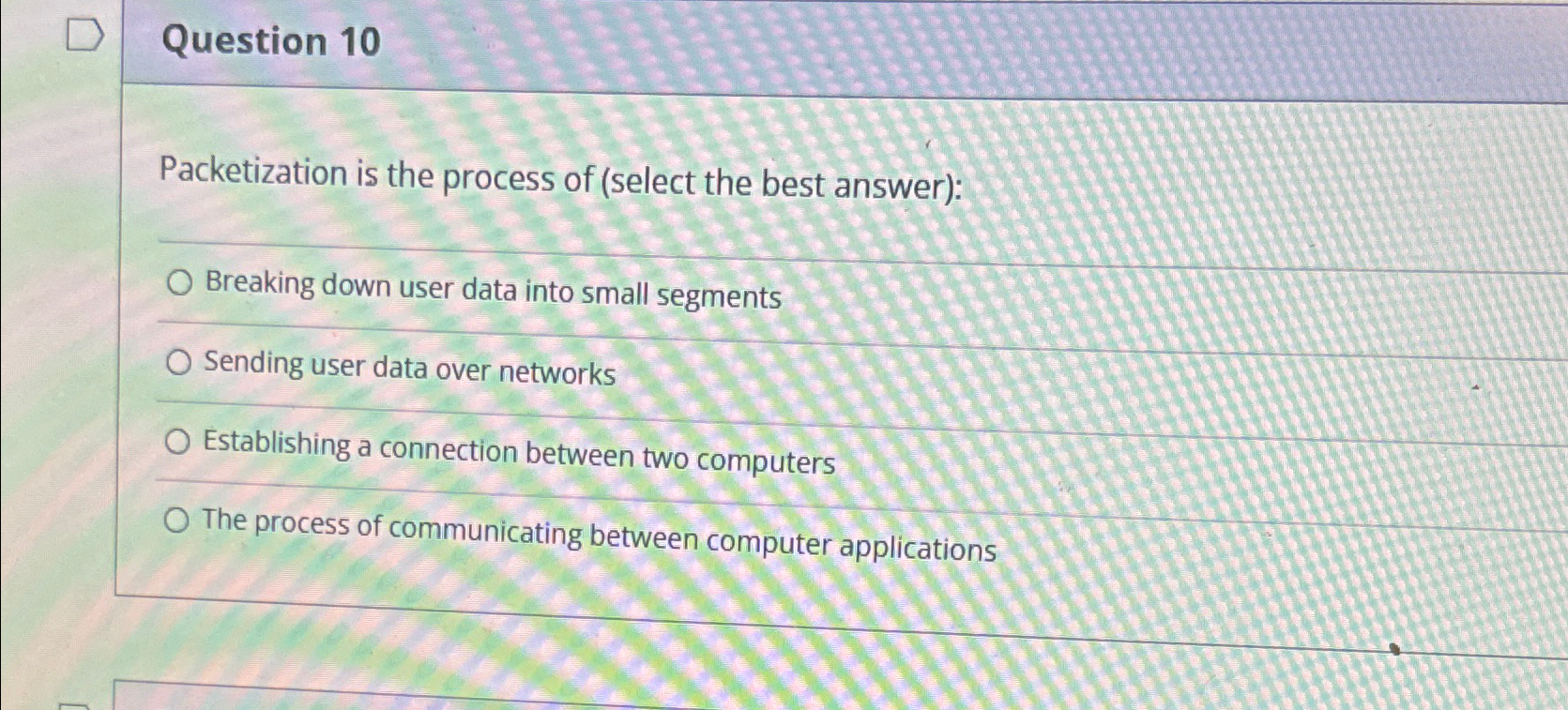 Question 1 0 Packetization is the process of (