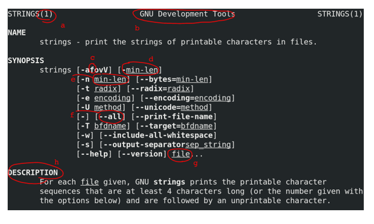 For each of the man page syntax terms below,