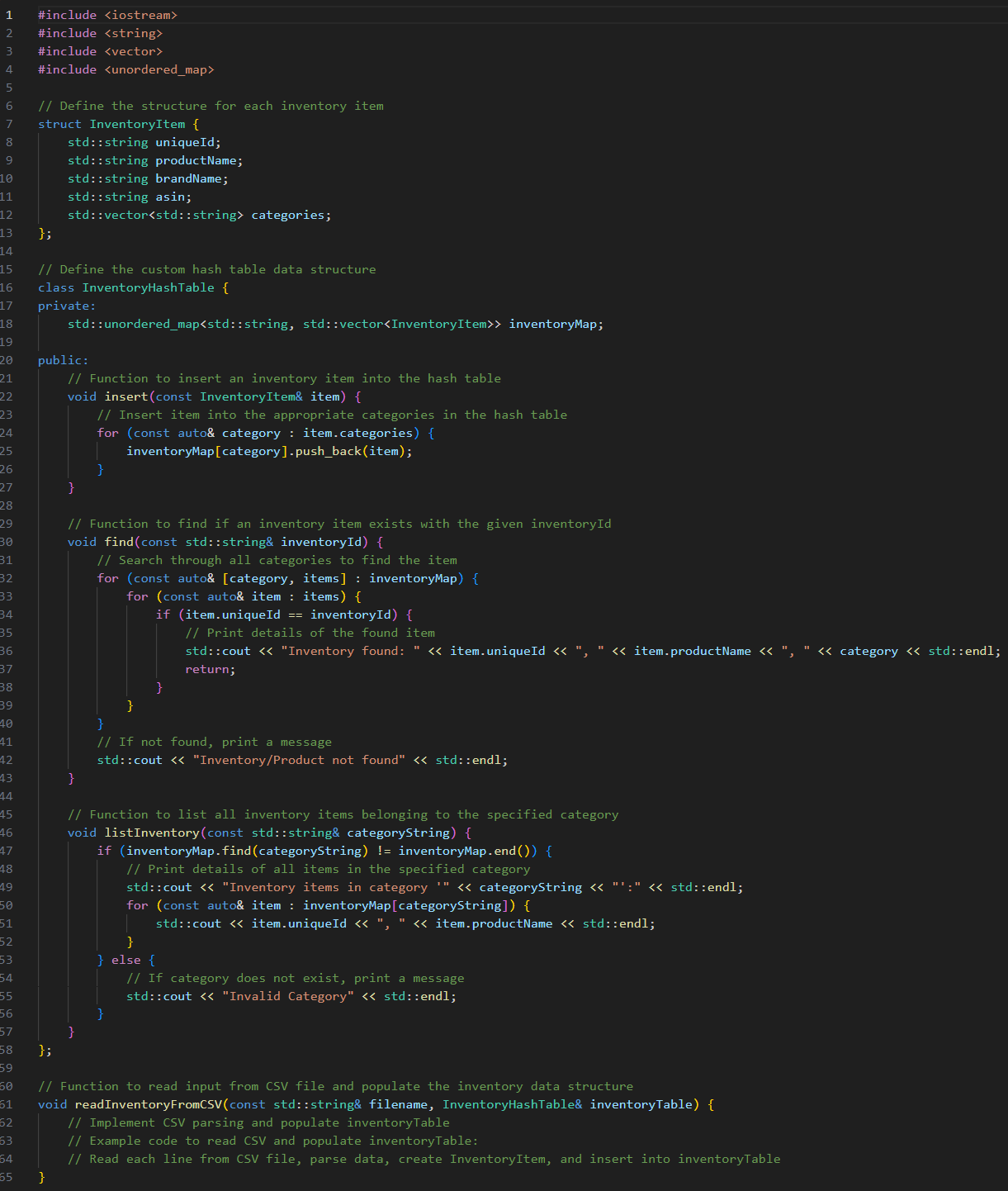 create a function, readInventory ( ) , that can