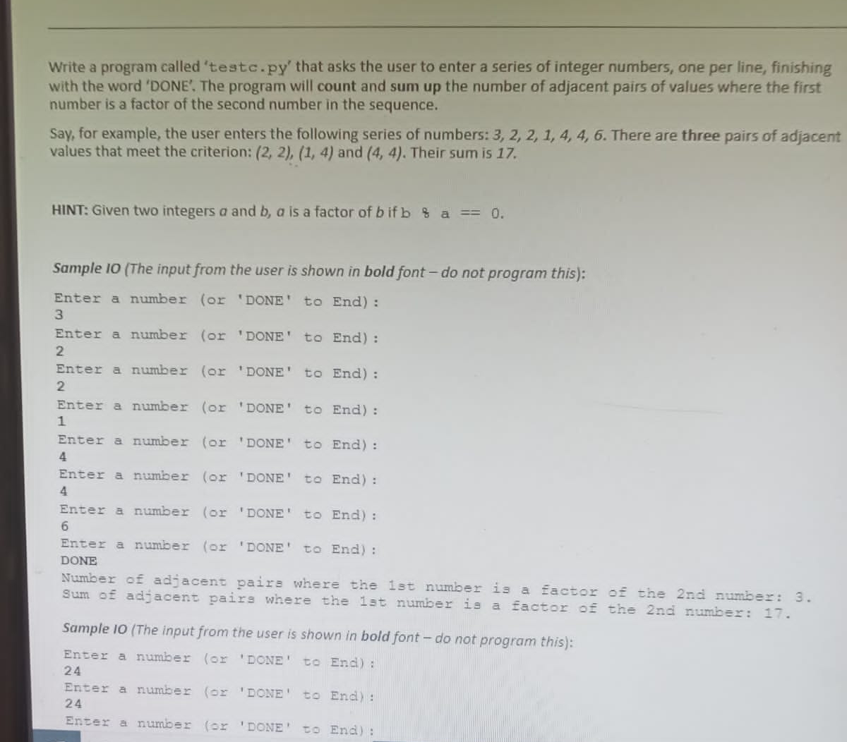 Write a program called ' testc.py' that asks the