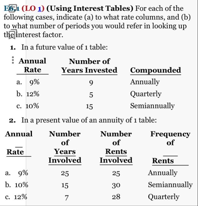 EG 1 ( LO 1 ) ( Using Interest Tables ) For each