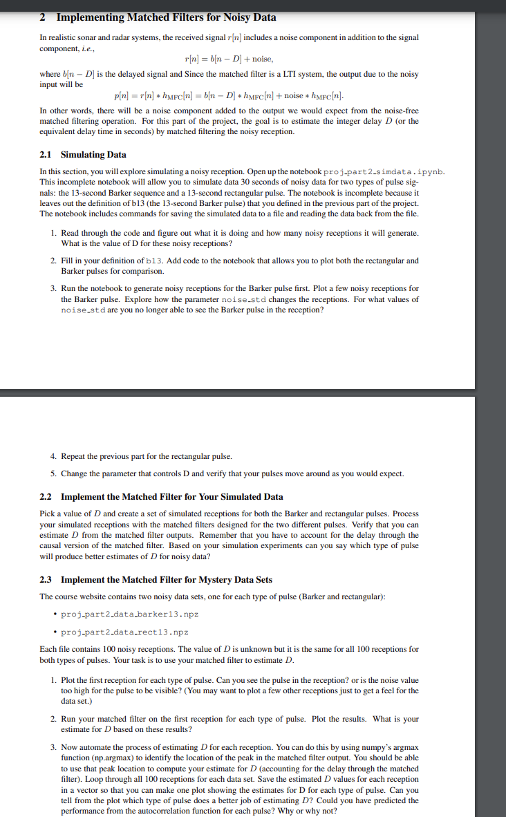 2 Implementing Matched Filters for Noisy Data In