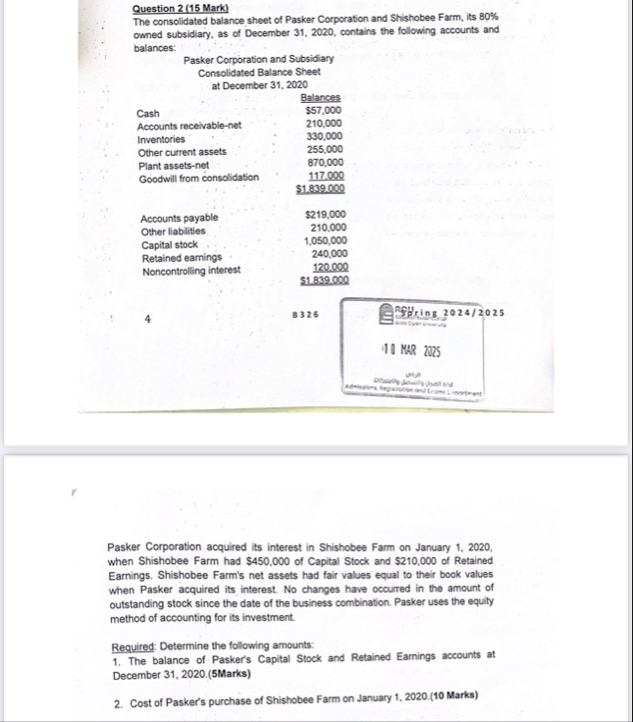 Question 2 ( 1 5 Mark ) The consolidated balance